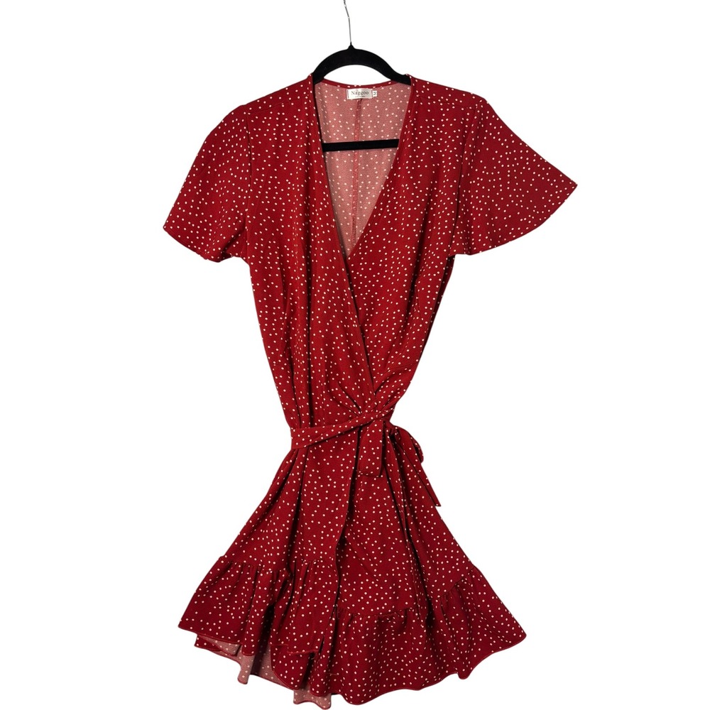 Naggoo Red Polka Dot Wrap Mini Dress Short Flutter Sleeve Ruffle Hem Size M